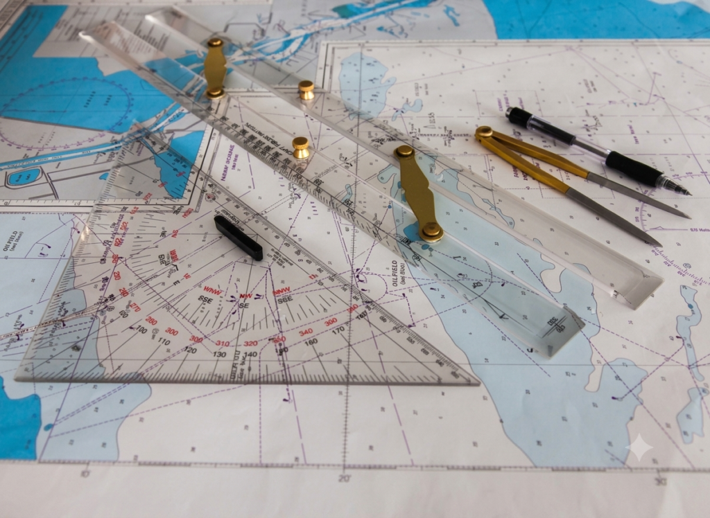 Nautical Chart Ruler Set. Parallel Ruler, Triangle, Divider