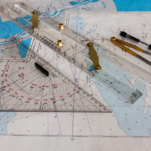 Nautical Chart Ruler Set. Parallel Ruler, Triangle, Divider